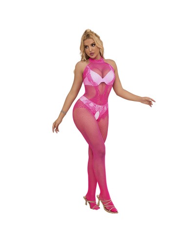 SUBBLIME 952389 BODYSTOCKING CROTCHLESS DE REJILLA Y ENCAJE CON CUELLO ALTO ROSA TALLA ANICA