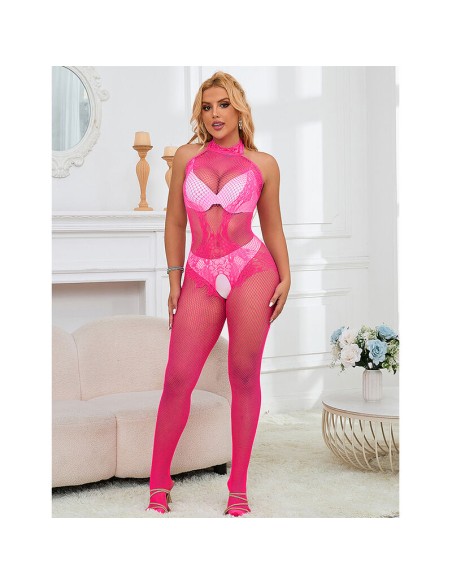 SUBBLIME 952389 BODYSTOCKING CROTCHLESS DE REJILLA Y ENCAJE CON CUELLO ALTO ROSA TALLA ANICA