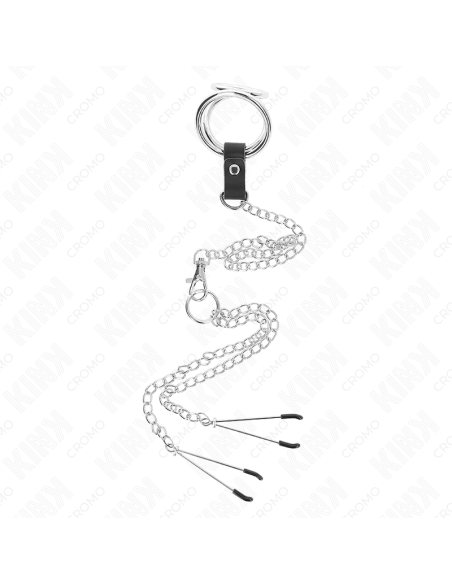 KINK ANILLO PENE TRIPLE METAL CROMADO 3 CM A 45 CM CON CADENA METAL 26 CM Y PINZAS PARA PEZONES