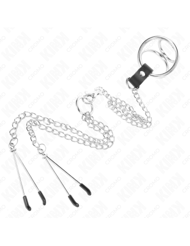 KINK ANILLO PENE TRIPLE METAL CROMADO 3 CM A 45 CM CON CADENA METAL 26 CM Y PINZAS PARA PEZONES