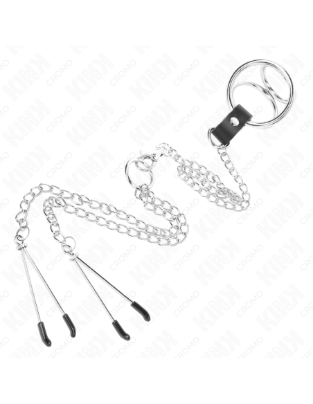 KINK ANILLO PENE TRIPLE METAL CROMADO 3 CM A 45 CM CON CADENA METAL 26 CM Y PINZAS PARA PEZONES