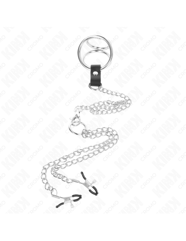 KINK ANILLO PENE TRIPLE METAL CROMADO 38 CM A 5 CM CON CADENA METAL 26 CM Y PINZAS PARA PEZONES MODELO 1