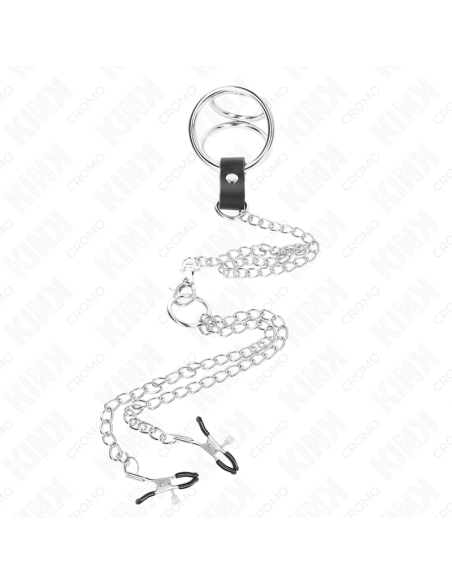 KINK ANILLO PENE TRIPLE METAL CROMADO 38 CM A 5 CM CON CADENA METAL 26 CM Y PINZAS PARA PEZONES MODELO 1