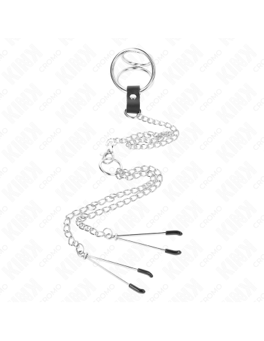 KINK ANILLO PENE TRIPLE METAL CROMADO 38 CM A 5 CM CON CADENA METAL 26 CM Y PINZAS PARA PEZONES MODELO 2