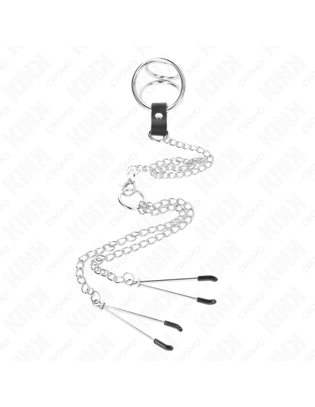 KINK ANILLO PENE TRIPLE METAL CROMADO 38 CM A 5 CM CON CADENA METAL 26 CM Y PINZAS PARA PEZONES MODELO 2