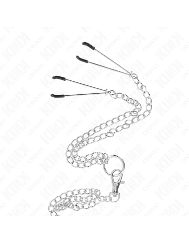 KINK ANILLO PENE TRIPLE METAL CROMADO 38 CM A 5 CM CON CADENA METAL 26 CM Y PINZAS PARA PEZONES MODELO 2