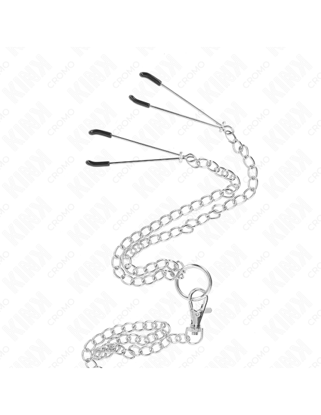 KINK ANILLO PENE TRIPLE METAL CROMADO 38 CM A 5 CM CON CADENA METAL 26 CM Y PINZAS PARA PEZONES MODELO 2