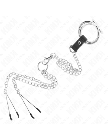 KINK ANILLO PENE TRIPLE METAL CROMADO 38 CM A 5 CM CON CADENA METAL 26 CM Y PINZAS PARA PEZONES MODELO 2