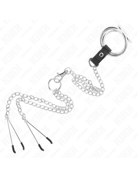KINK ANILLO PENE TRIPLE METAL CROMADO 38 CM A 5 CM CON CADENA METAL 26 CM Y PINZAS PARA PEZONES MODELO 2