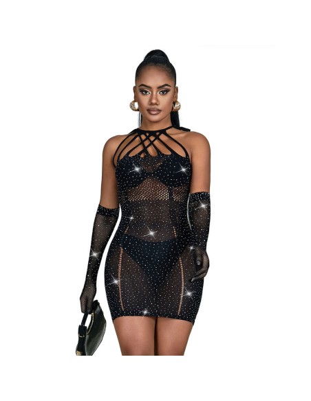SUBBLIME 952235 BODYSTOCKING DE REJILLA CON BRILLANTES Y GUANTES NEGRO TALLA ANICA