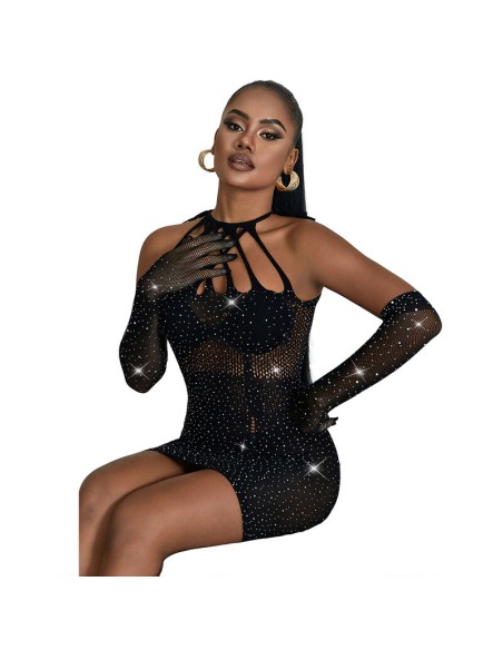 SUBBLIME 952235 BODYSTOCKING DE REJILLA CON BRILLANTES Y GUANTES NEGRO TALLA ANICA