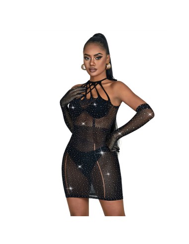 SUBBLIME 952235 BODYSTOCKING DE REJILLA CON BRILLANTES Y GUANTES NEGRO TALLA ANICA