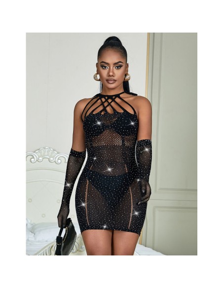 SUBBLIME 952235 BODYSTOCKING DE REJILLA CON BRILLANTES Y GUANTES NEGRO TALLA ANICA
