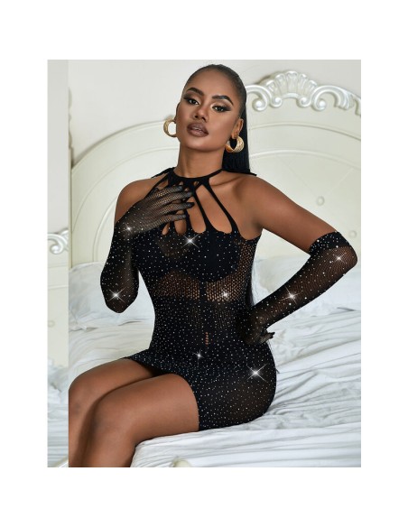 SUBBLIME 952235 BODYSTOCKING DE REJILLA CON BRILLANTES Y GUANTES NEGRO TALLA ANICA