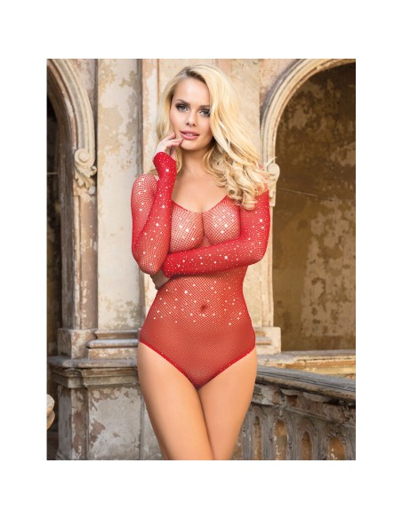 SUBBLIME 952303 BODYSTOCKING DE REJILLA BRILLANTE CON HOMBROS DESCUBIERTOS MANGA LARGA ROJO TALLA ANICA