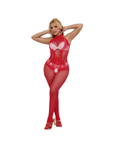 SUBBLIME 952372 BODYSTOCKING CROTCHLESS DE REJILLA Y ENCAJE CON CUELLO ALTO ROJO TALLA ANICA