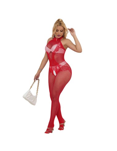 SUBBLIME 952372 BODYSTOCKING CROTCHLESS DE REJILLA Y ENCAJE CON CUELLO ALTO ROJO TALLA ANICA
