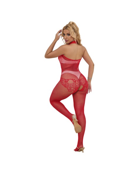 SUBBLIME 952372 BODYSTOCKING CROTCHLESS DE REJILLA Y ENCAJE CON CUELLO ALTO ROJO TALLA ANICA
