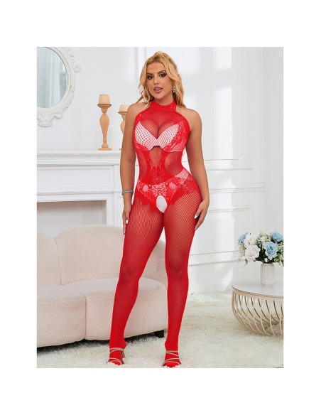 SUBBLIME 952372 BODYSTOCKING CROTCHLESS DE REJILLA Y ENCAJE CON CUELLO ALTO ROJO TALLA ANICA