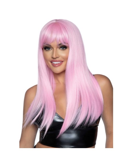 LEG AVENUE PELUCA LARGA LISA CON FLEQUILLO ROSA