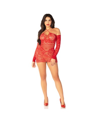 LEG AVENUE MINIVESTIDO DE REJILLA CON HOMBROS DESCUBIERTOS Y MANGA LARGA ROJO