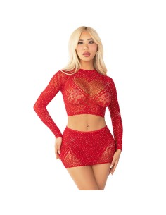 LEG AVENUE TOP FALDA DE REJILLA CON BRILLANTES ROJO