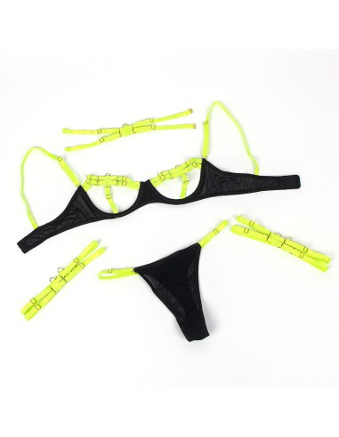SUBBLIME 955274 SET SUJETADOR CON COLLAR Y DETALLES PARA PIERNAS VERDE FLUORESCENTE S M