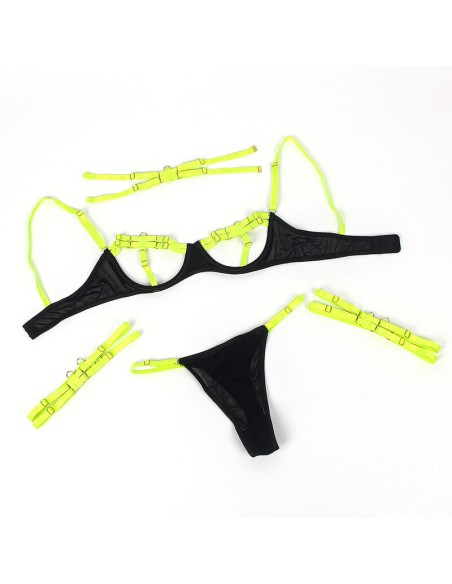 SUBBLIME 955274 SET SUJETADOR CON COLLAR Y DETALLES PARA PIERNAS VERDE FLUORESCENTE S M