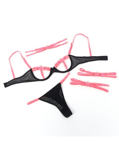 SUBBLIME 955298 SET SUJETADOR CON COLLAR Y DETALLES PARA PIERNAS ROSA FLUORESCENTE S M