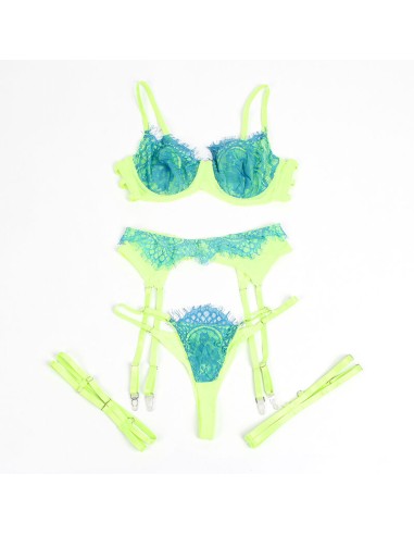 SUBBLIME 955311 SET SUJETADOR CON ENCAJE Y LIGUEROS VERDE Y AZUL S M