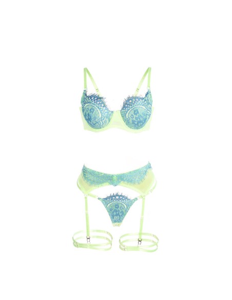 SUBBLIME 955311 SET SUJETADOR CON ENCAJE Y LIGUEROS VERDE Y AZUL S M