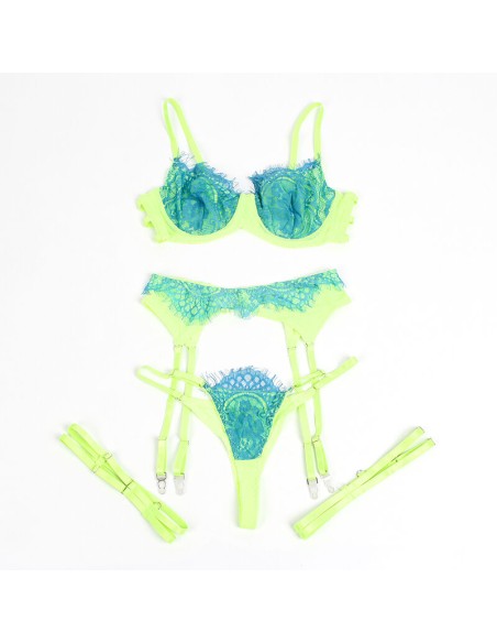 SUBBLIME 955328 SET SUJETADOR CON ENCAJE Y LIGUEROS VERDE Y AZUL L XL