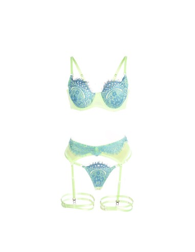 SUBBLIME 955328 SET SUJETADOR CON ENCAJE Y LIGUEROS VERDE Y AZUL L XL