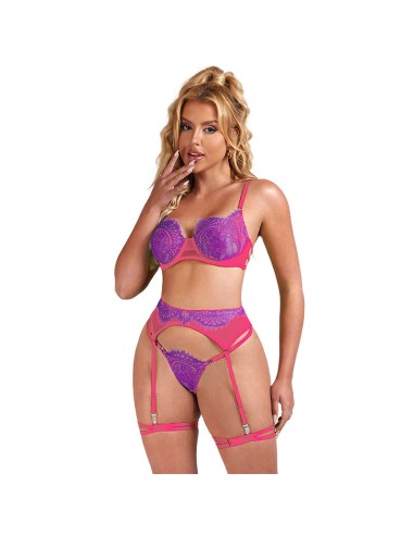 SUBBLIME 955359 SET SUJETADOR CON ENCAJE Y LIGUEROS ROSA Y MORADO S M