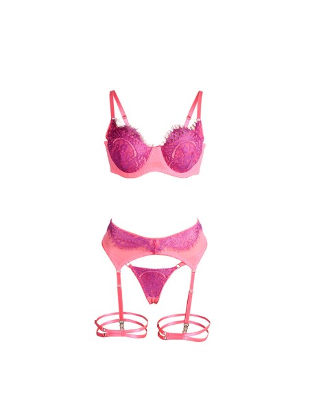 SUBBLIME 955359 SET SUJETADOR CON ENCAJE Y LIGUEROS ROSA Y MORADO S M