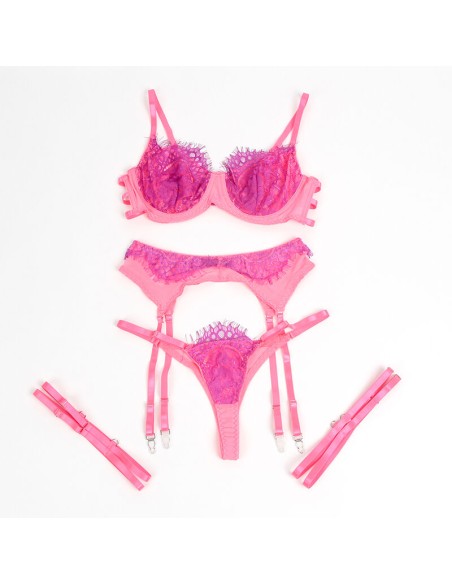 SUBBLIME 955359 SET SUJETADOR CON ENCAJE Y LIGUEROS ROSA Y MORADO S M