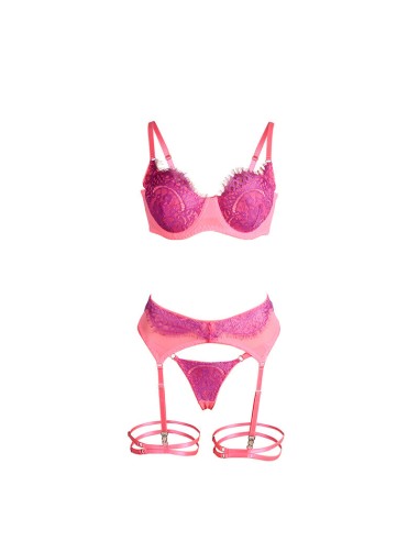 SUBBLIME 955366 SET SUJETADOR CON ENCAJE Y LIGUEROS ROSA Y MORADO L XL