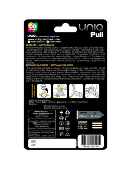 UNIQ PULL PRESERVATIVOS CON TIRAS SIN LATEX 3 UNIDADES