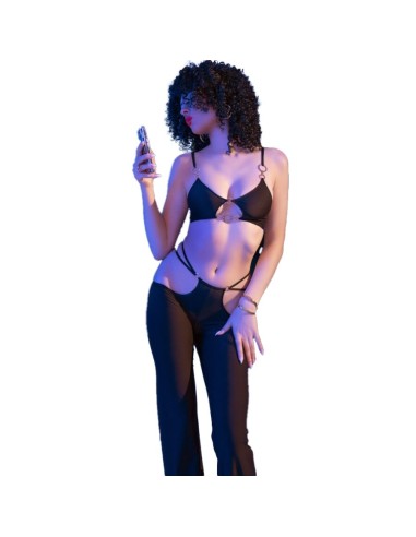 CHILIROSE CR 4851 SET TOP NEGRO Y LEGGINS CON COMPLEMENTOS DORADOS