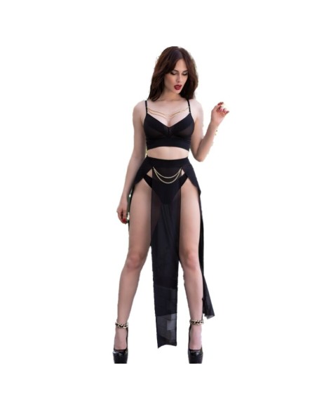 CHILIROSE CR 4672 TOP NEGRO FALDA Y TANGA CON CADENAS DORADAS S