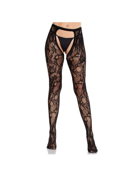 LEG AVENUE MEDIAS DE ENCAJE DE ROSAS CON PARTE TRASERA ABIERTA NEGRO
