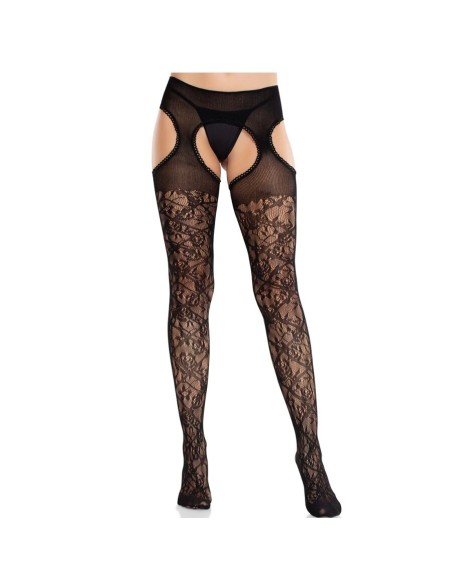 LEG AVENUE MEDIAS DE ENCAJE FLORAL CON LIGAS UNIDAS NEGRO