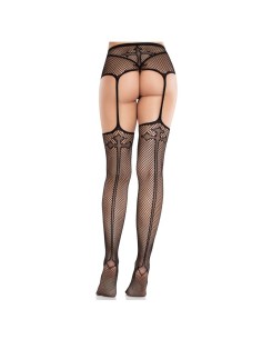 LEG AVENUE MEDIAS DE ENCAJE CON CRUZ Y PORTALIGAS NEGRO 2