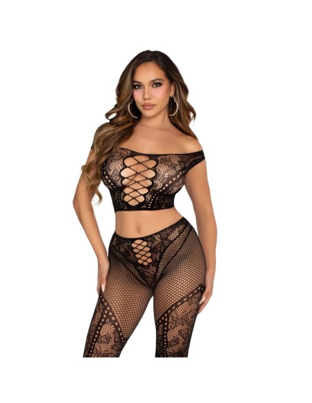 LEG AVENUE CROP TOP Y LEGGING DE REJILLA CON HOMBROS DESCUBIERTOS NEGRO