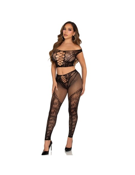 LEG AVENUE CROP TOP Y LEGGING DE REJILLA CON HOMBROS DESCUBIERTOS NEGRO