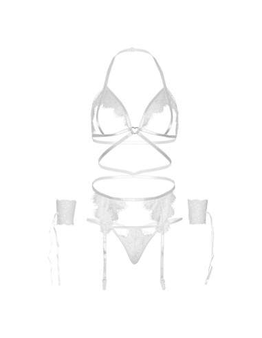 LEG AVENUE SET CUATRO PIEZAS SUJETADOR LIGUERO TANGA Y PUAOS TALLA ANICA BLANCO