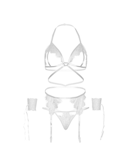 LEG AVENUE SET CUATRO PIEZAS SUJETADOR LIGUERO TANGA Y PUAOS TALLA ANICA BLANCO