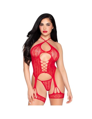 LEG AVENUE 89338 SET BODY ABIERTO CON LIGUERO TANGA DE ENCAJE ROJO TALLA ANICA