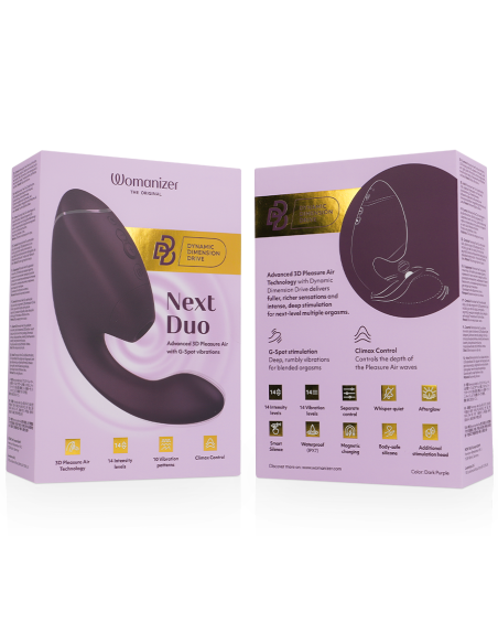 WOMANIZER DUO NEXT ESTIMULADOR VIBRADOR DUAL CLATORIS PUNTOAG MORADO