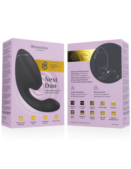 WOMANIZER DUO NEXT ESTIMULADOR VIBRADOR DUAL CLATORIS PUNTOAG NEGRO